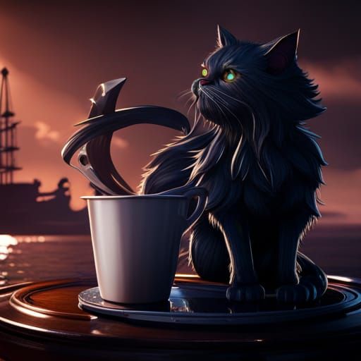 Black Cat Sipping Coffee: Fantasy Concept Art