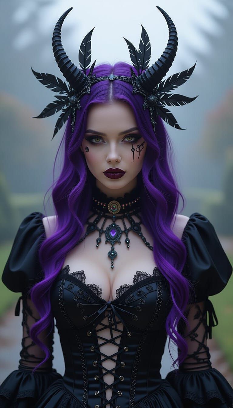 Gothic Horror Halloween Creature with Purple Hair and Elabor...