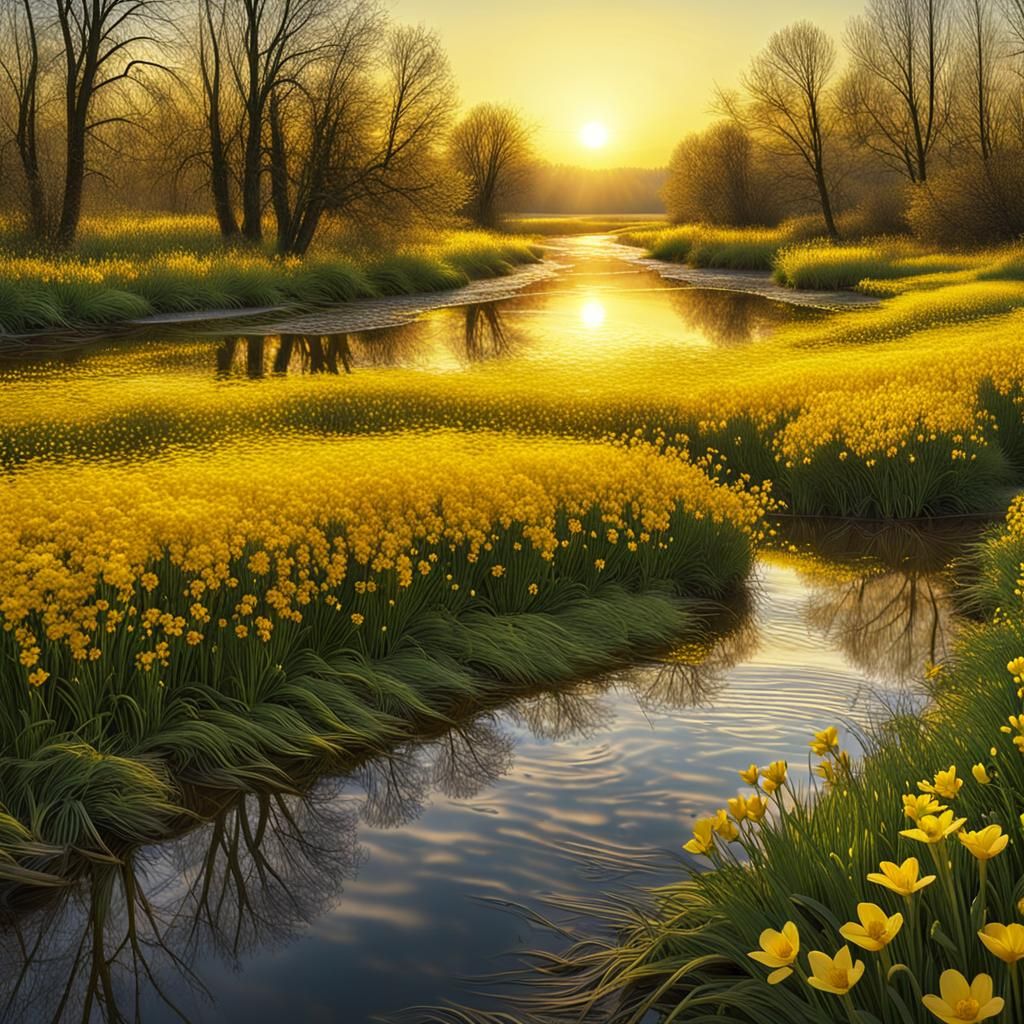 Vibrant Yellow Sunrise Reflects on Riverbank