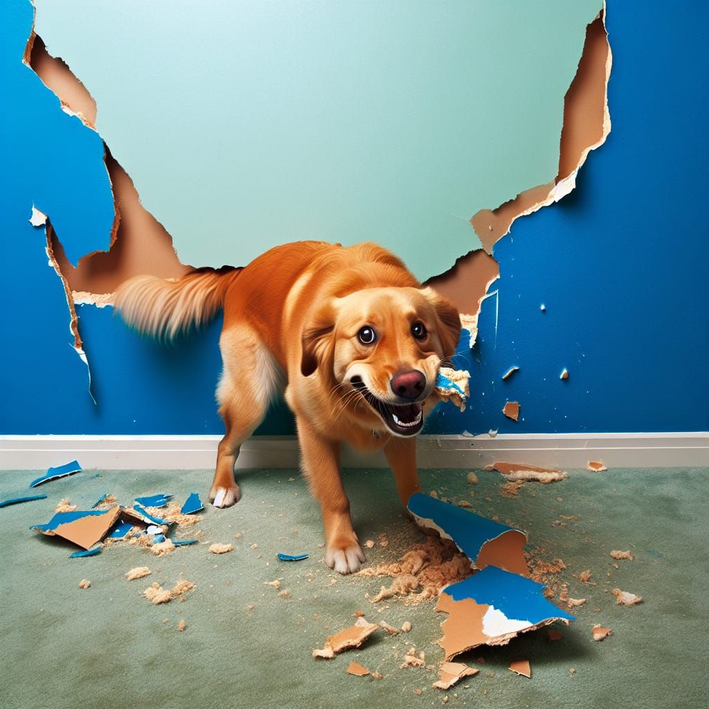 Mischievous Golden Dog Chewing Vibrant Blue Wall