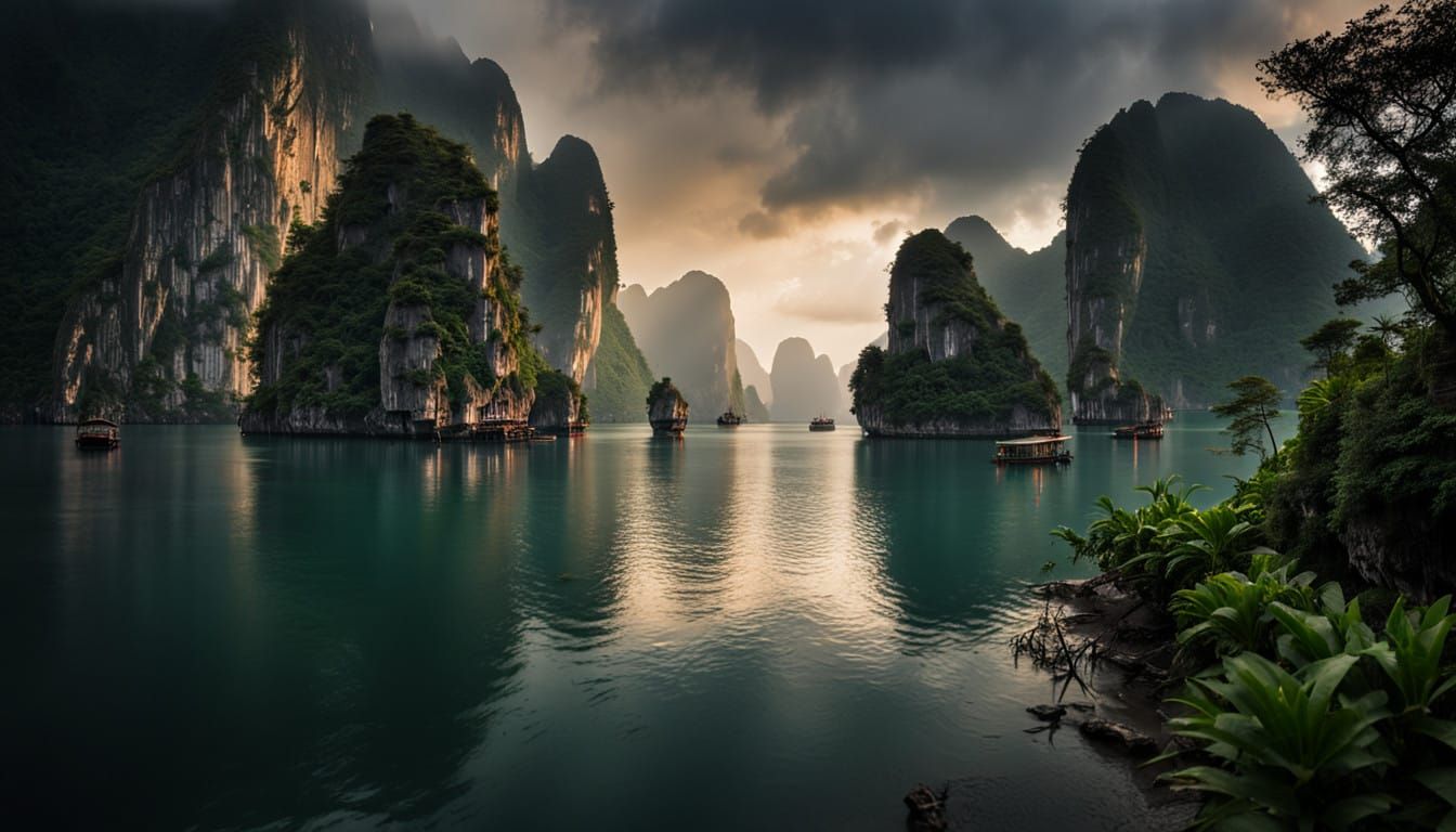 Ha Long Bay at Sunset in a Moody, Atmospheric Style