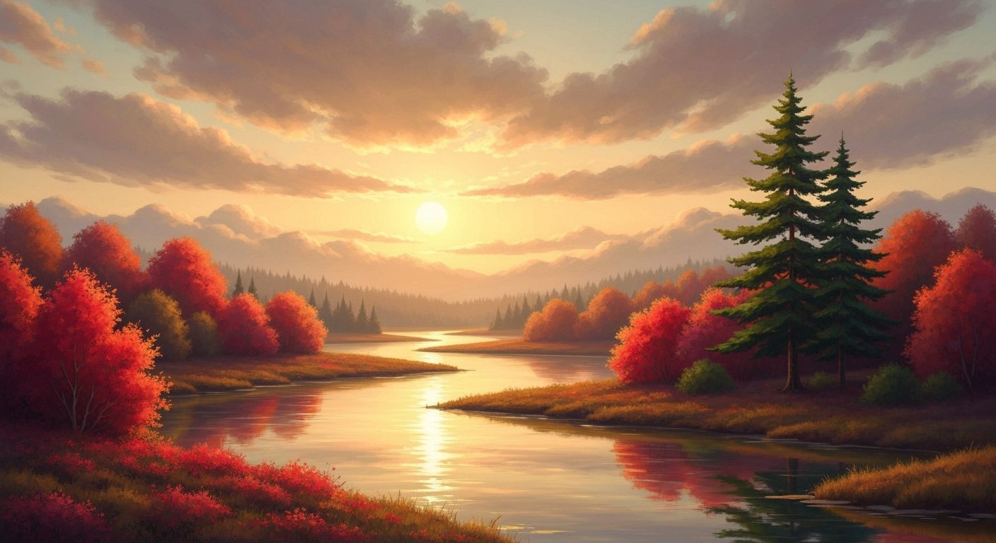 Golden River Reflections at Sunset in Impressionist Style