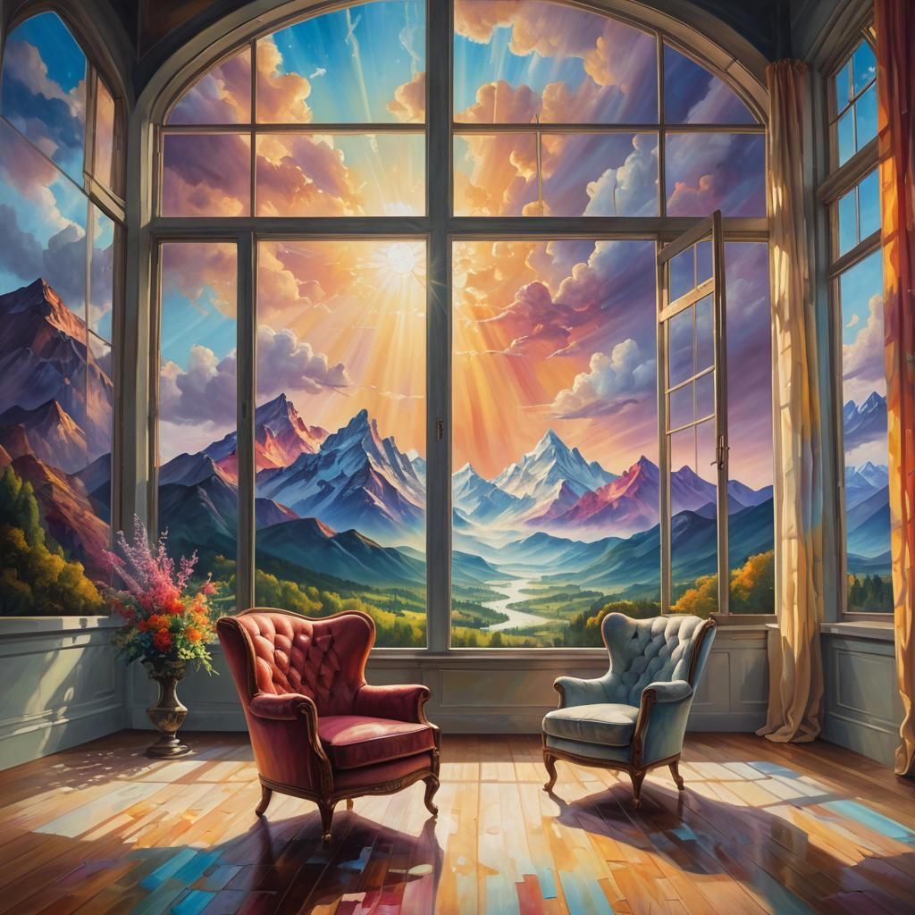 Surreal Interior: Divine Realm Beyond the Window