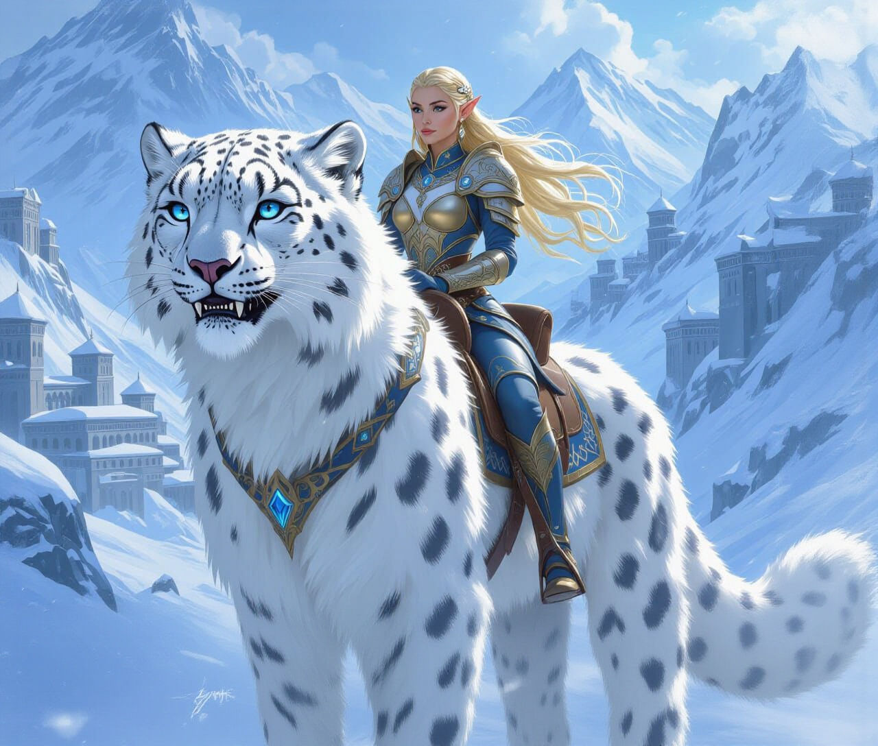 Snow Leopard Carries Elf Rider Through Winter Landscape