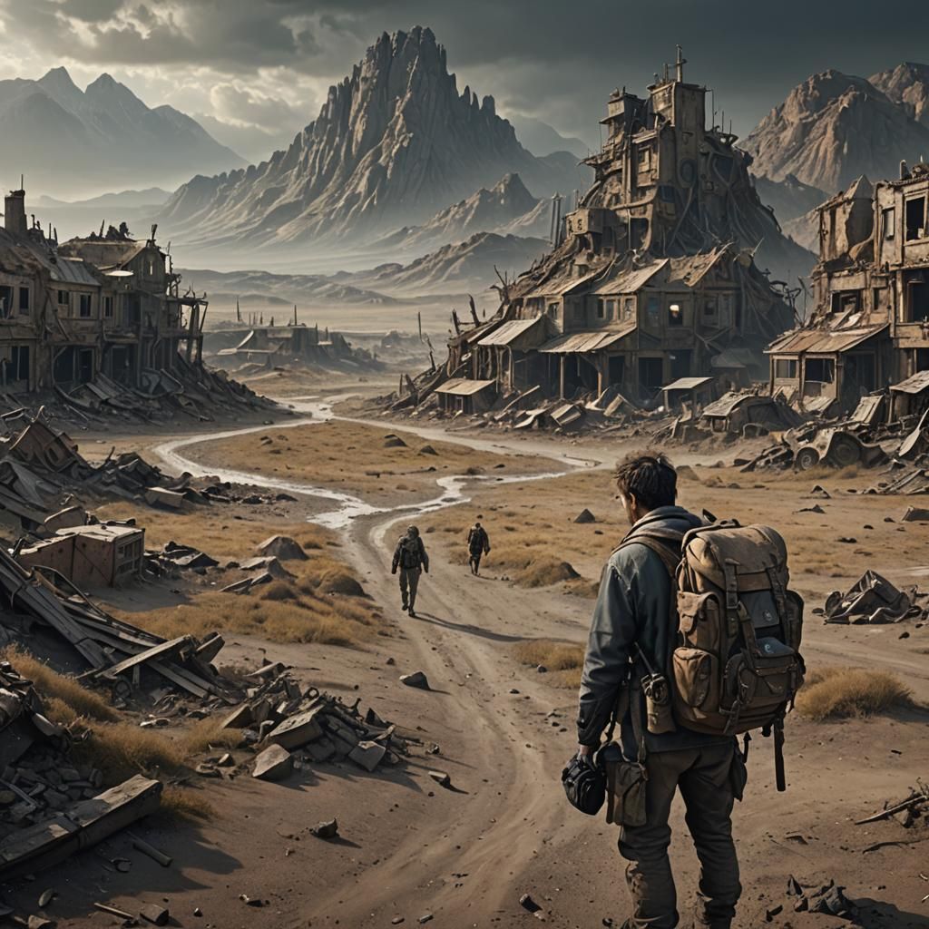 Wasteland Wanderer with Rucksack: Digital Matte Painting
