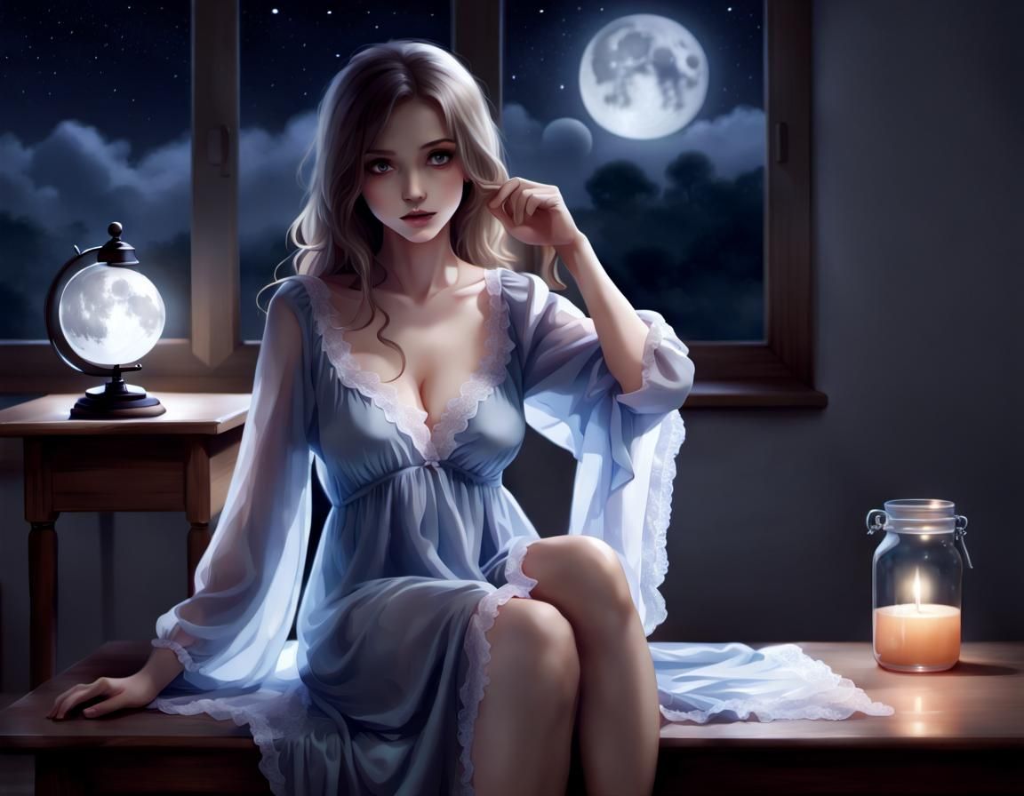 Enchanting Woman in Nightgown Bathed in Moonlight