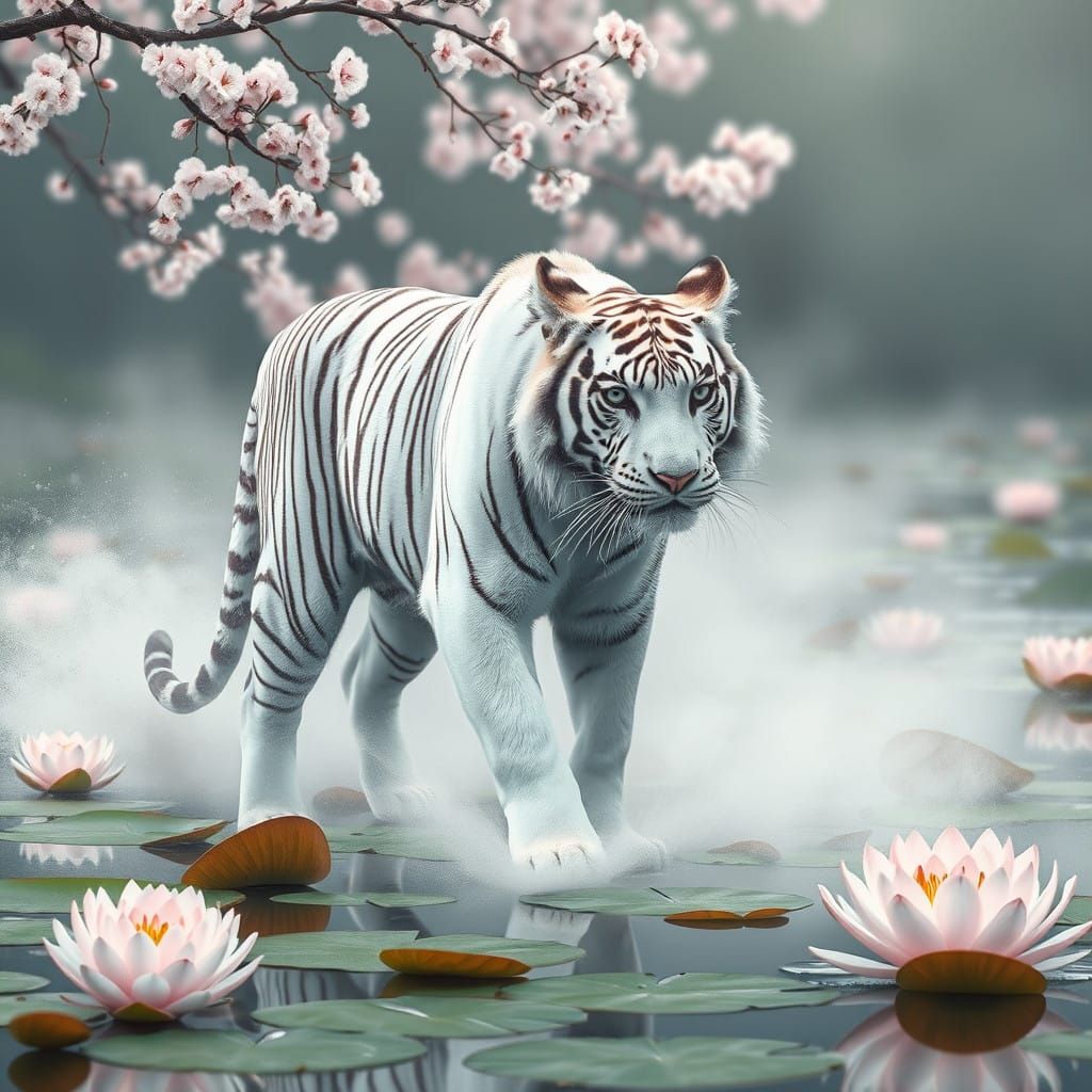 Ethereal Bengal Tiger Dissolves into Cherry Blossoms