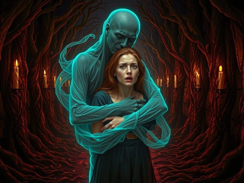 Woman Dancing with Ghostly Apparition in Surreal Landscape