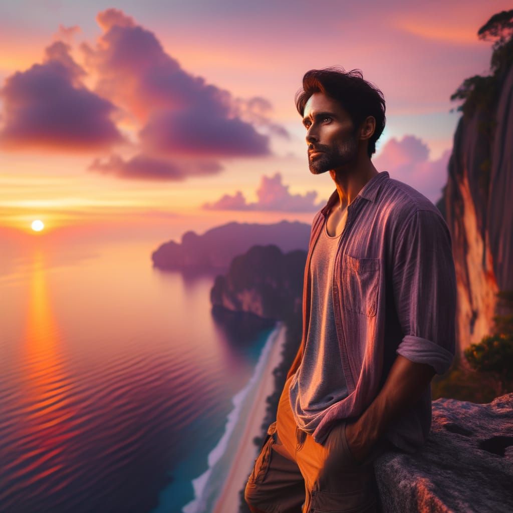 South Asian Man Contemplates Sunset on Rocky Cliff by Calm B...