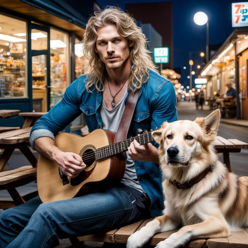 Blond Man Playing Guitar Beside 7-Eleven at Night