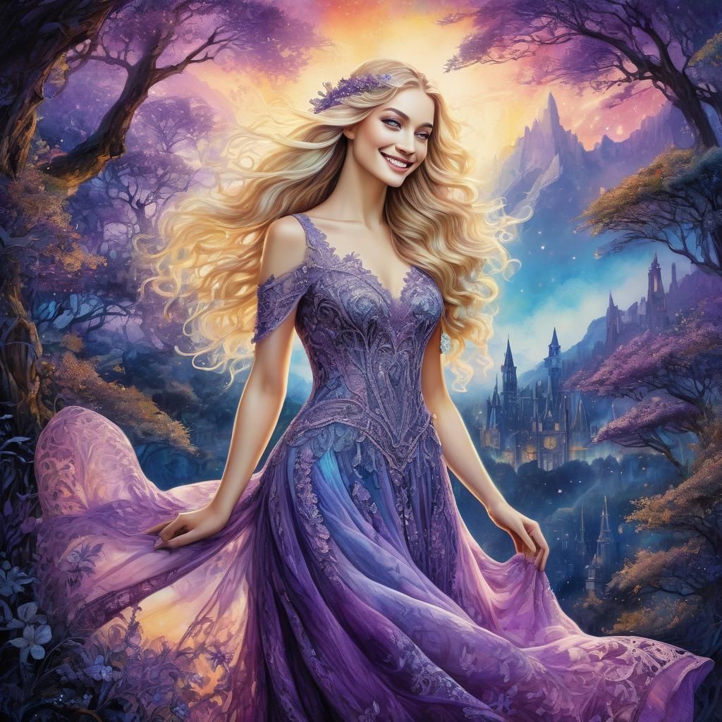 Beautiful Woman in Enchanted Park: Watercolor Illustration