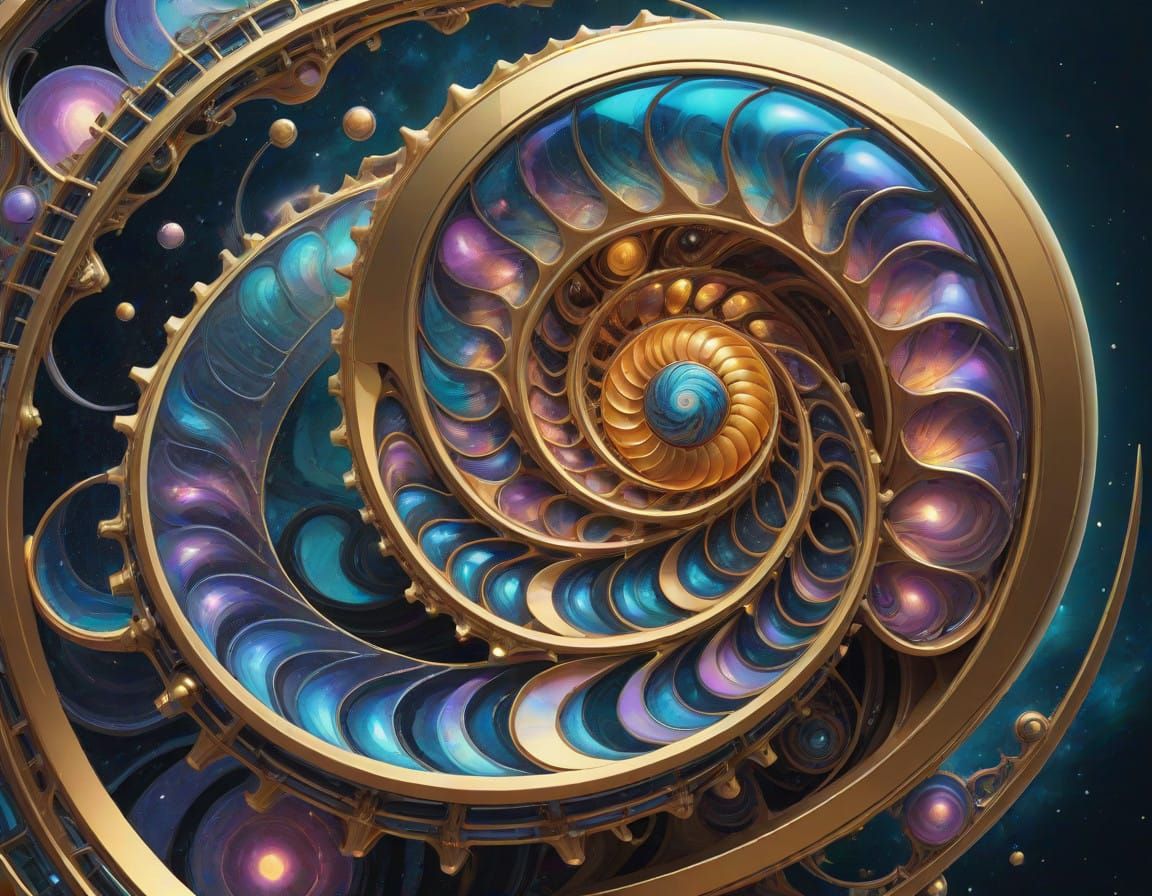 Golden Spiral of Light: Celestial Harmony in Iridescent Hues