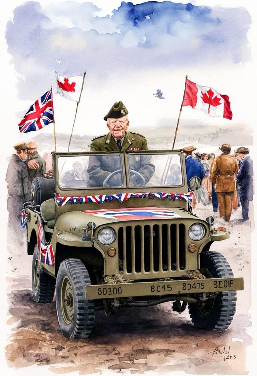 D-Day 80th Anniversary: Veteran in Jeep, Watercolor
