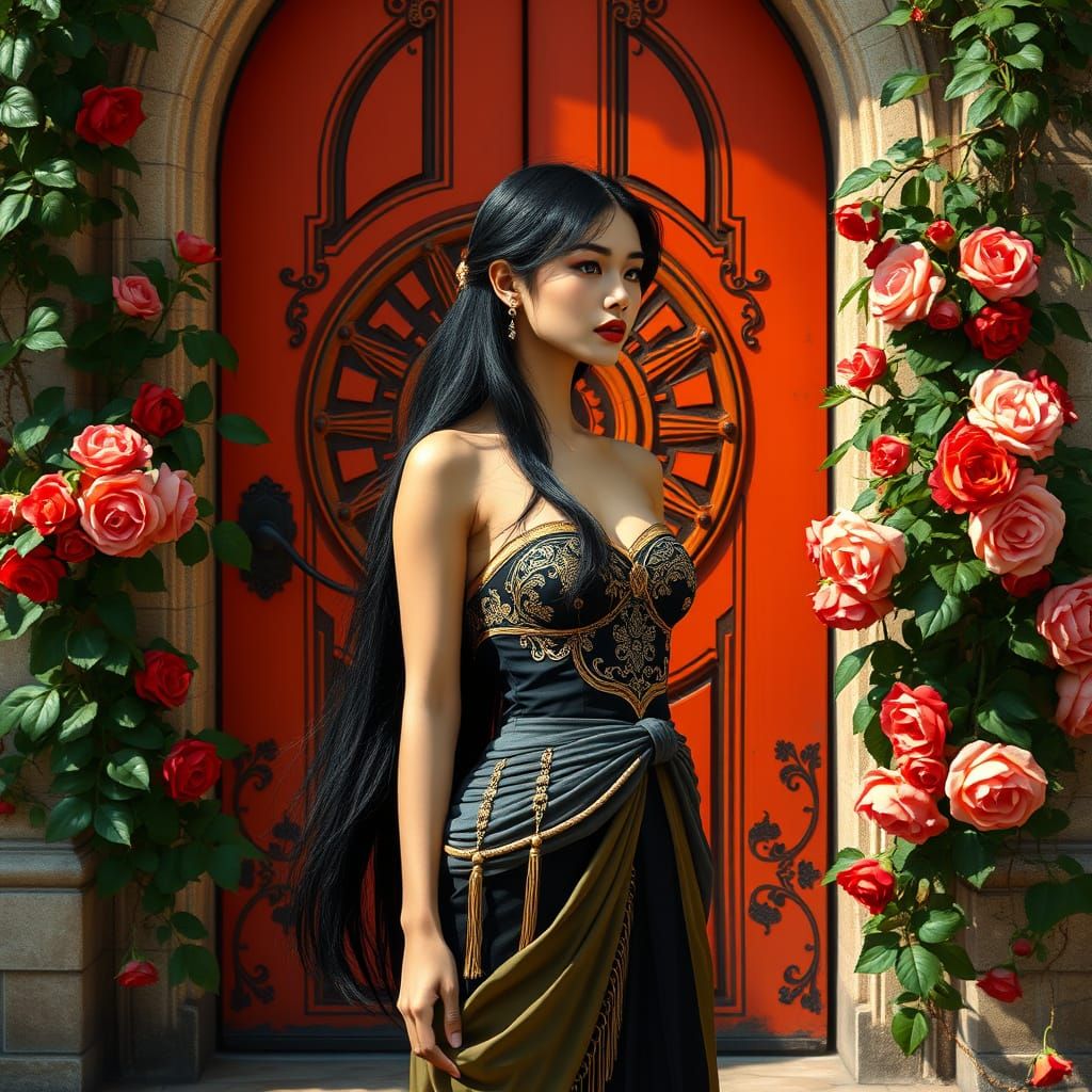 Elegant Taiwanese Woman in Front of Ornate Red-Orange Door