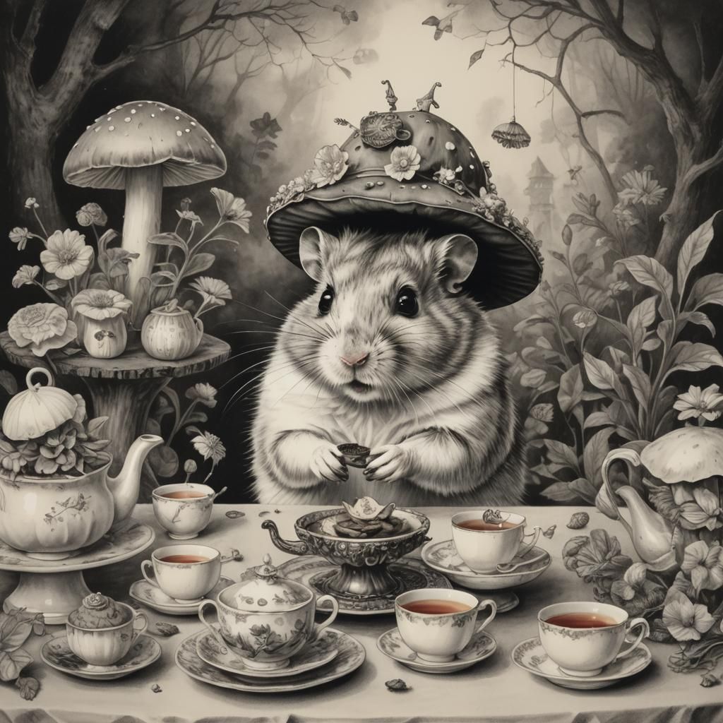 Hamster's 1950s Tea Party on Mushroom Table