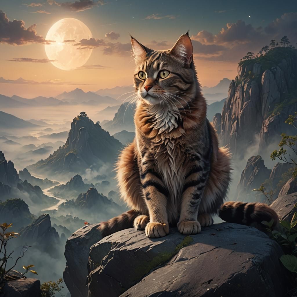 Cat on Moonlit Mountain: Fantasy Concept Art