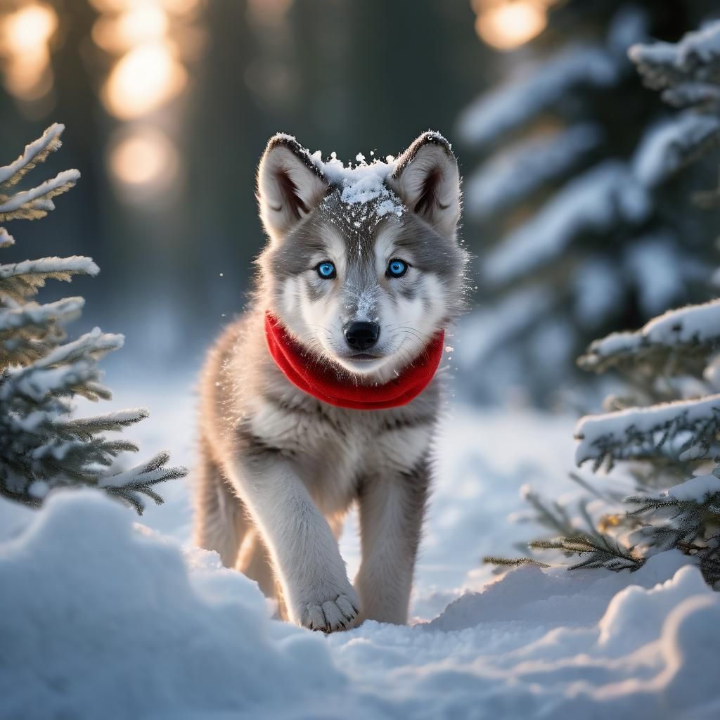 Wolf Pup in Winter Wonderland with Red Santa Hat
