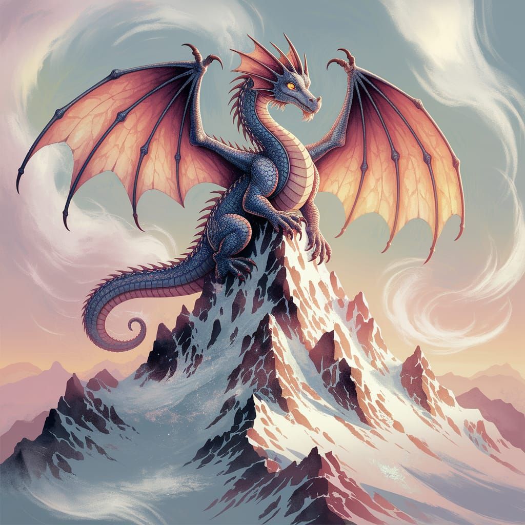 Whimsical Dragon on Snow Mountain in Watercolor Style