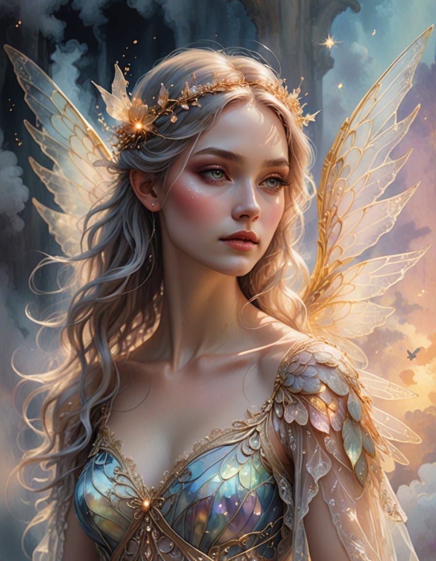 Fairy of Light in Clouds: Watercolor Fantasy Art