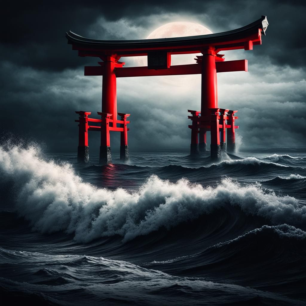 Red Torii Gate in Stormy Sea: Photorealistic Concept Art