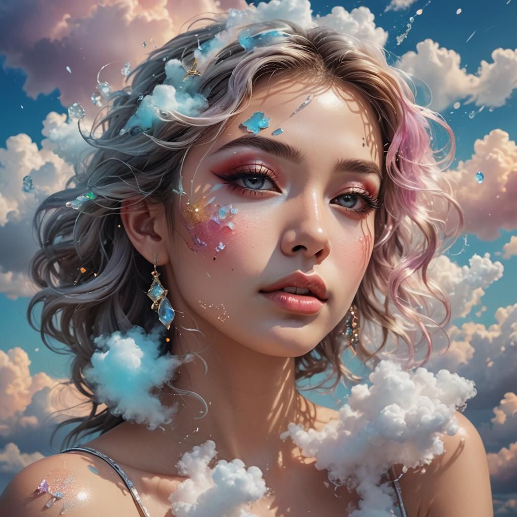 Fantasy Woman in Sparkling Clouds: Hyperrealistic Art