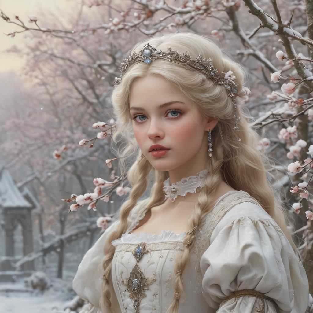 Dreamy Medieval Princess in Snow, Pastel Colors