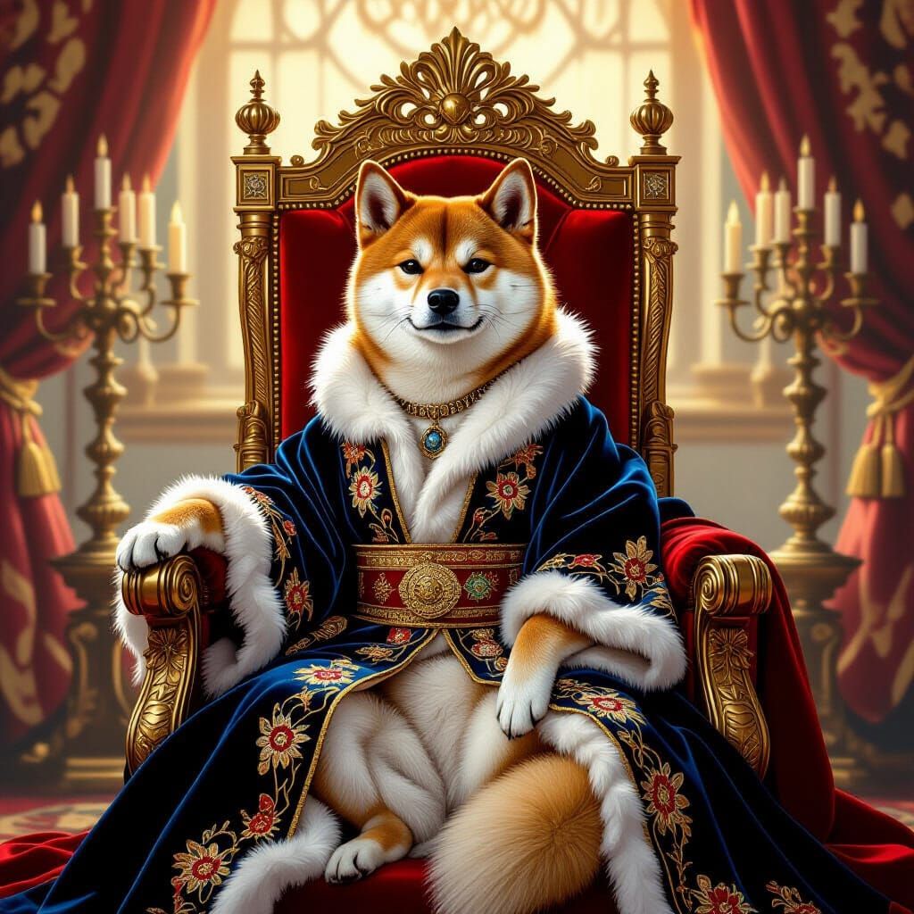 Regal Shiba Inu on Gilded Throne, Painterly Style