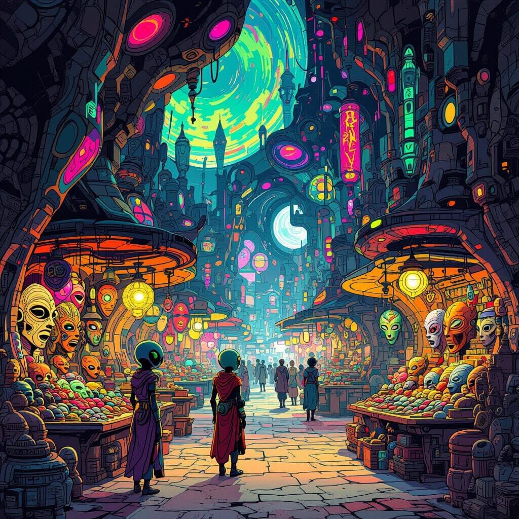Alien Marketplace Vibrantly Illustrated in Retro-Futurist St...