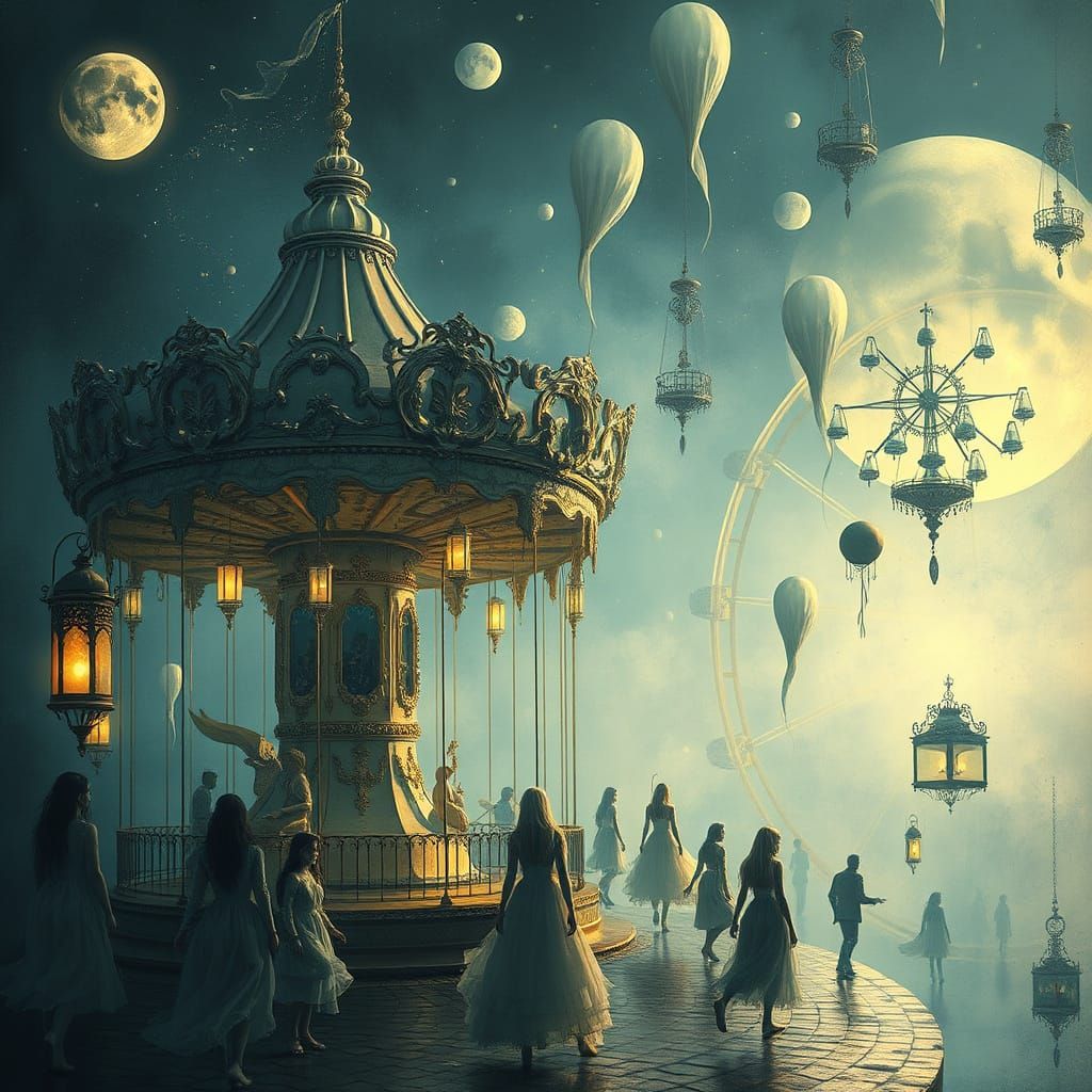 Ethereal Carnival Scene in Whispers of Blue and White