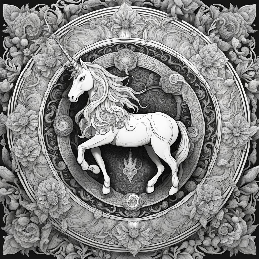 Unicorn Mandala Coloring Book Page in Black and White