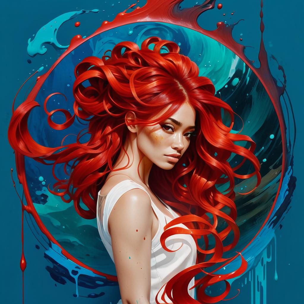 Hispanic Girl with Red Hair: Gouache Watercolor Art