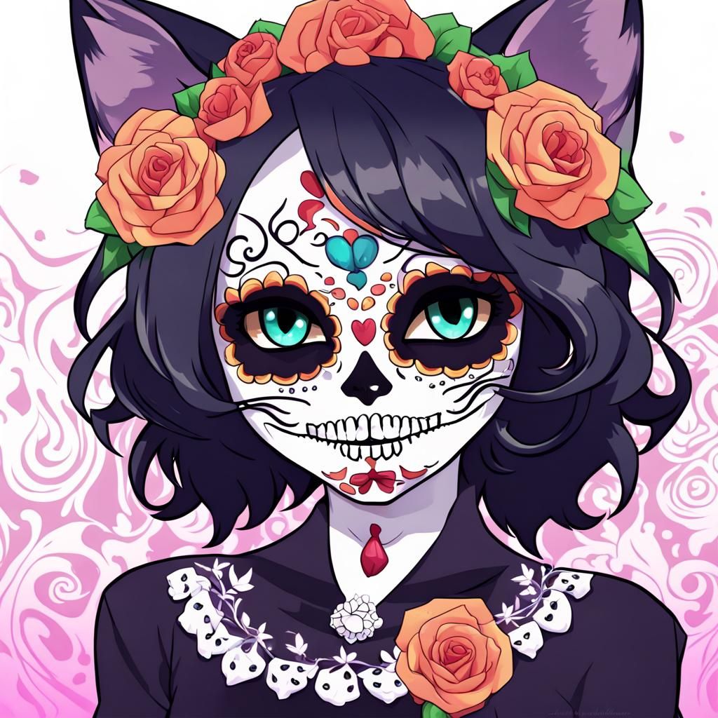 Sugar Skull Cat in Anime Style