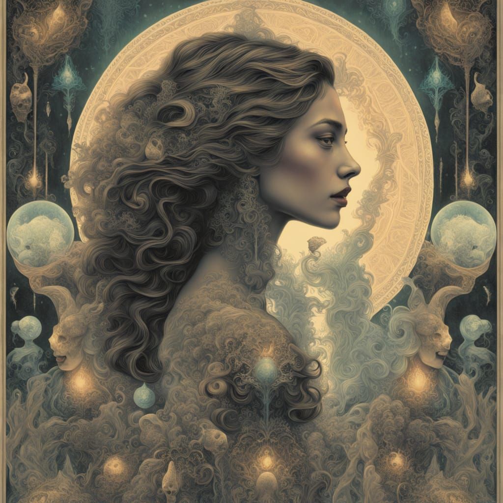 Surreal Witch with Bioluminescent Cat and Tarot Cards