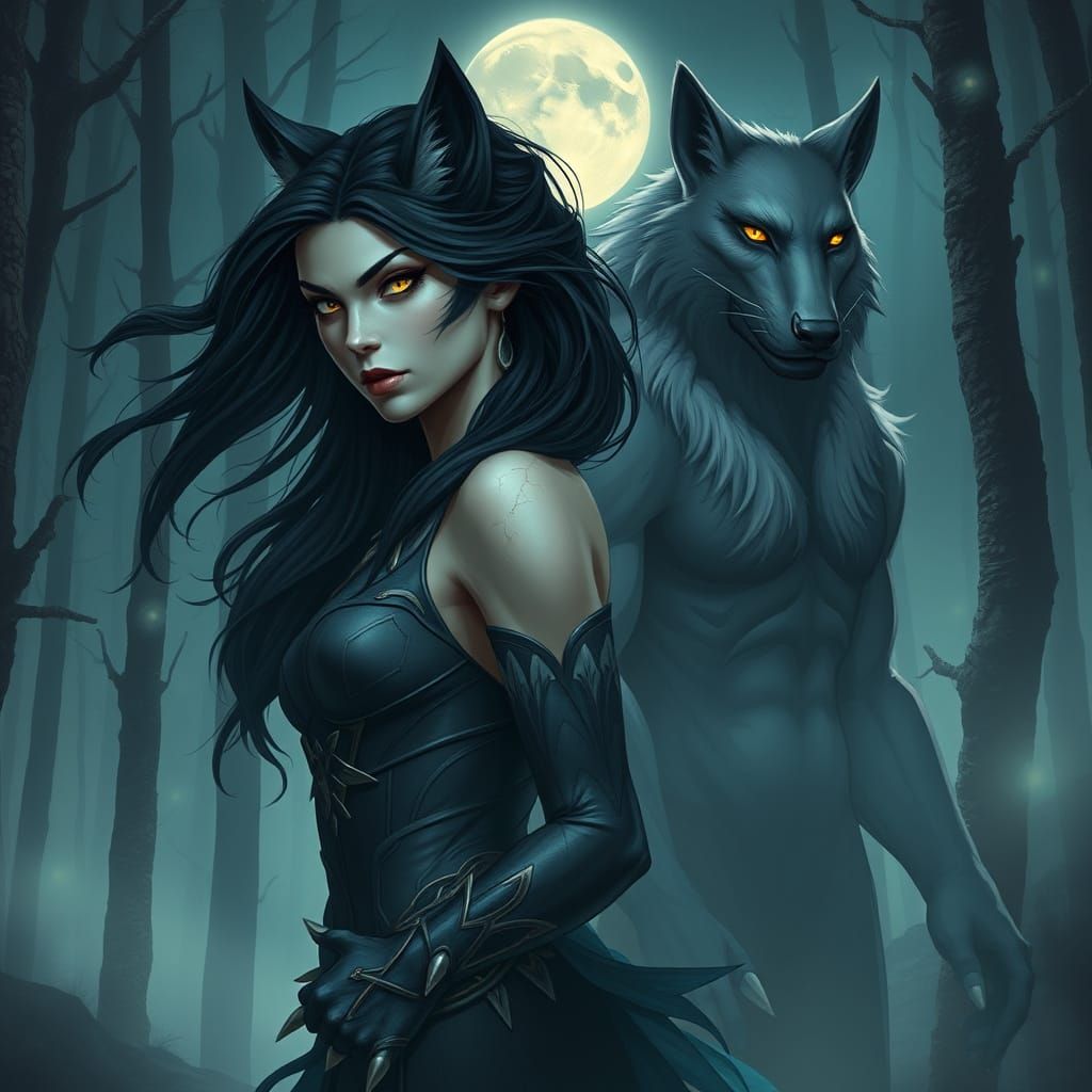 Wolf Woman in Bioluminescent Forest, Digital Painting