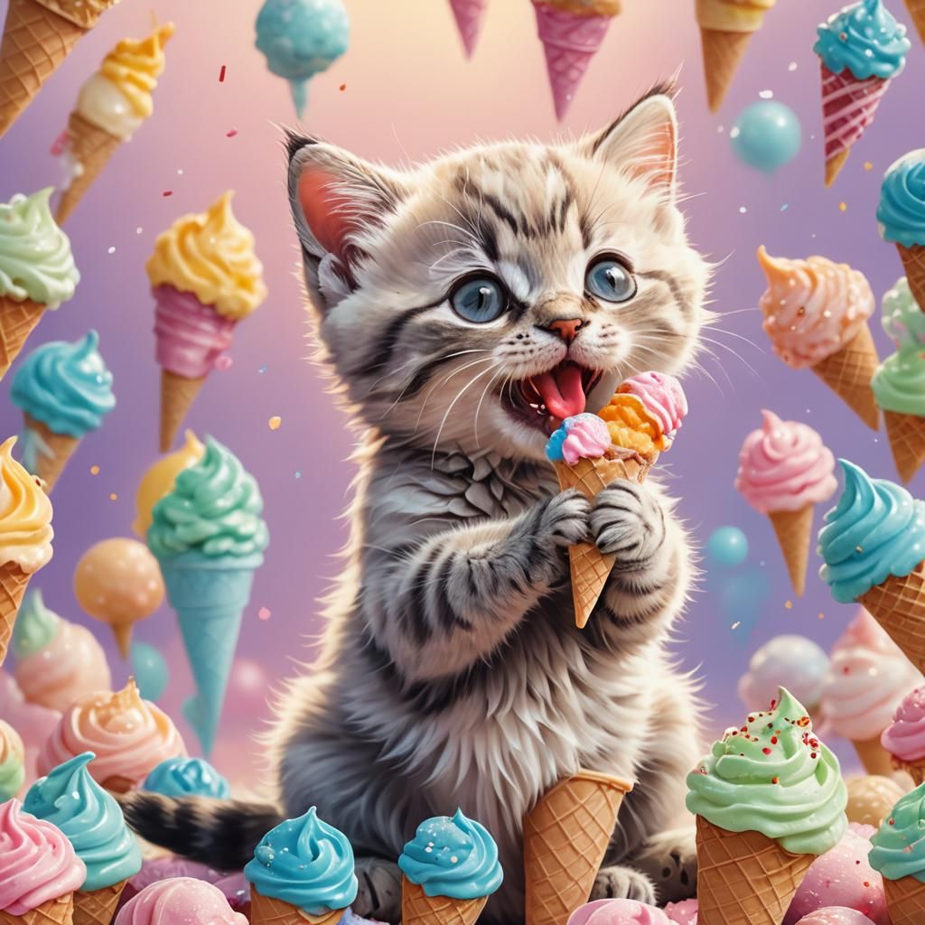 Kitten's Whimsical Ice Cream Adventure in Pastel Colors