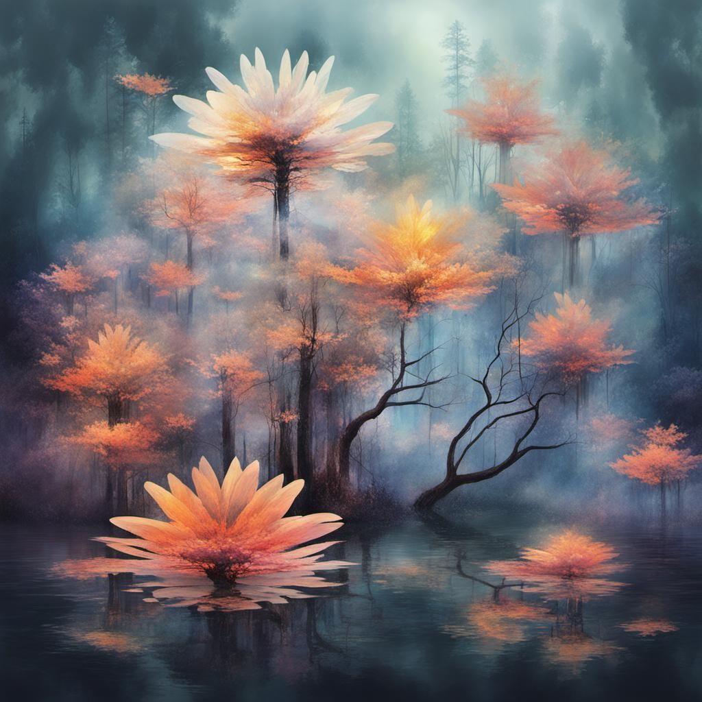 Abstract Power Plants Raid Forest, Reflected in Lake