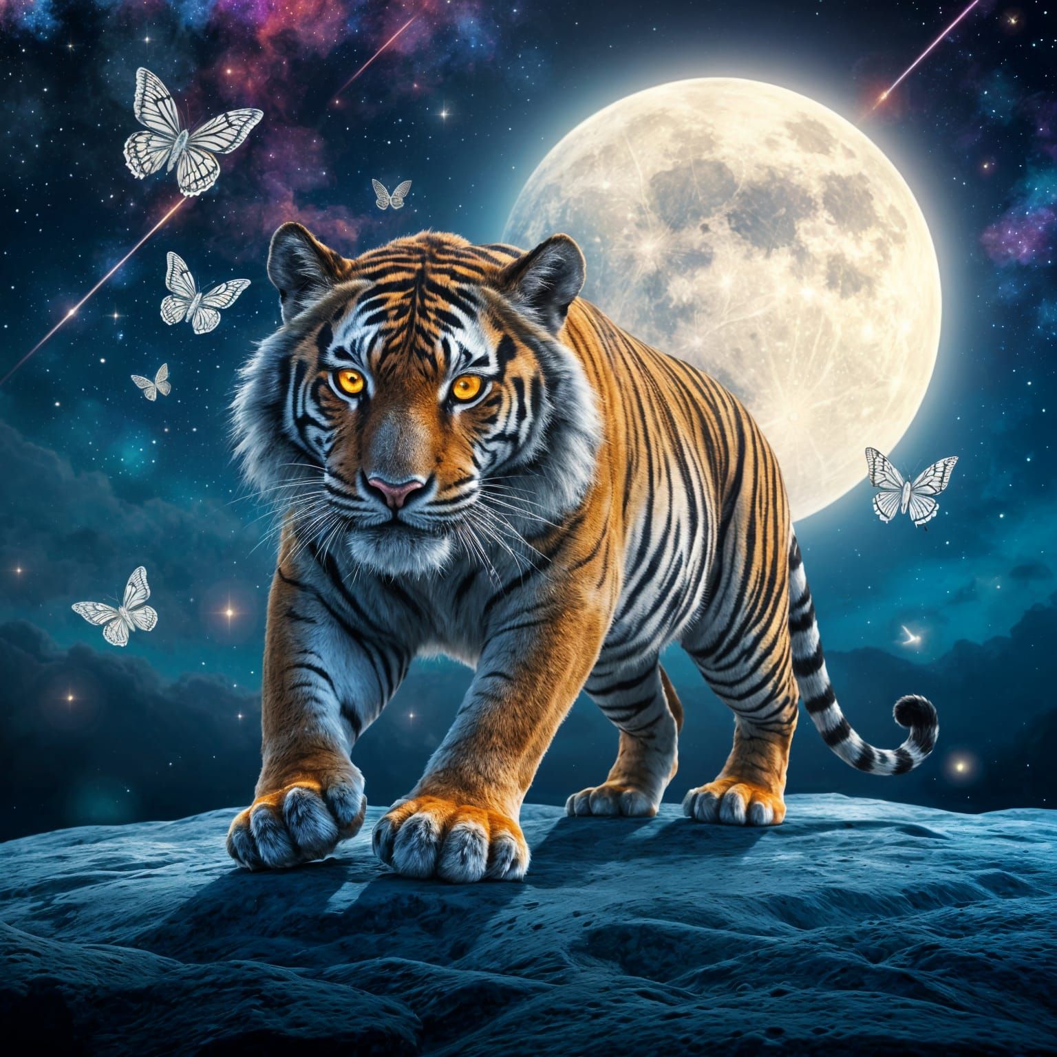 Moon Tiger on Lunar Surface with Butterflies