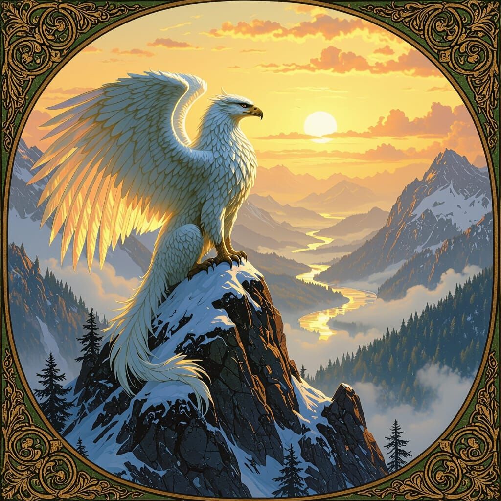 Griffin on Mountain Peak in Art Nouveau Style
