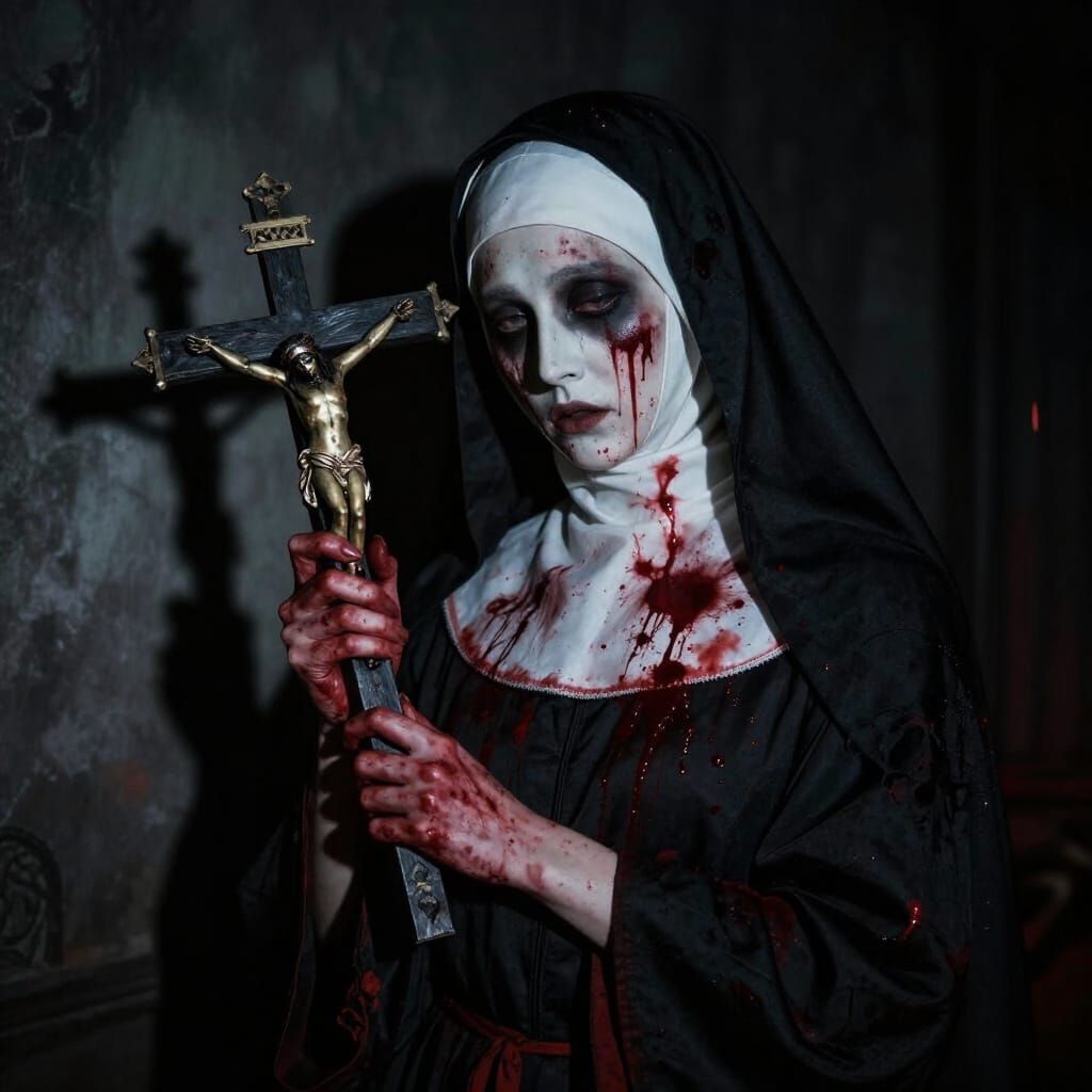Blood-Splattered Nun with Inverted Cross in Chiaroscuro Styl...