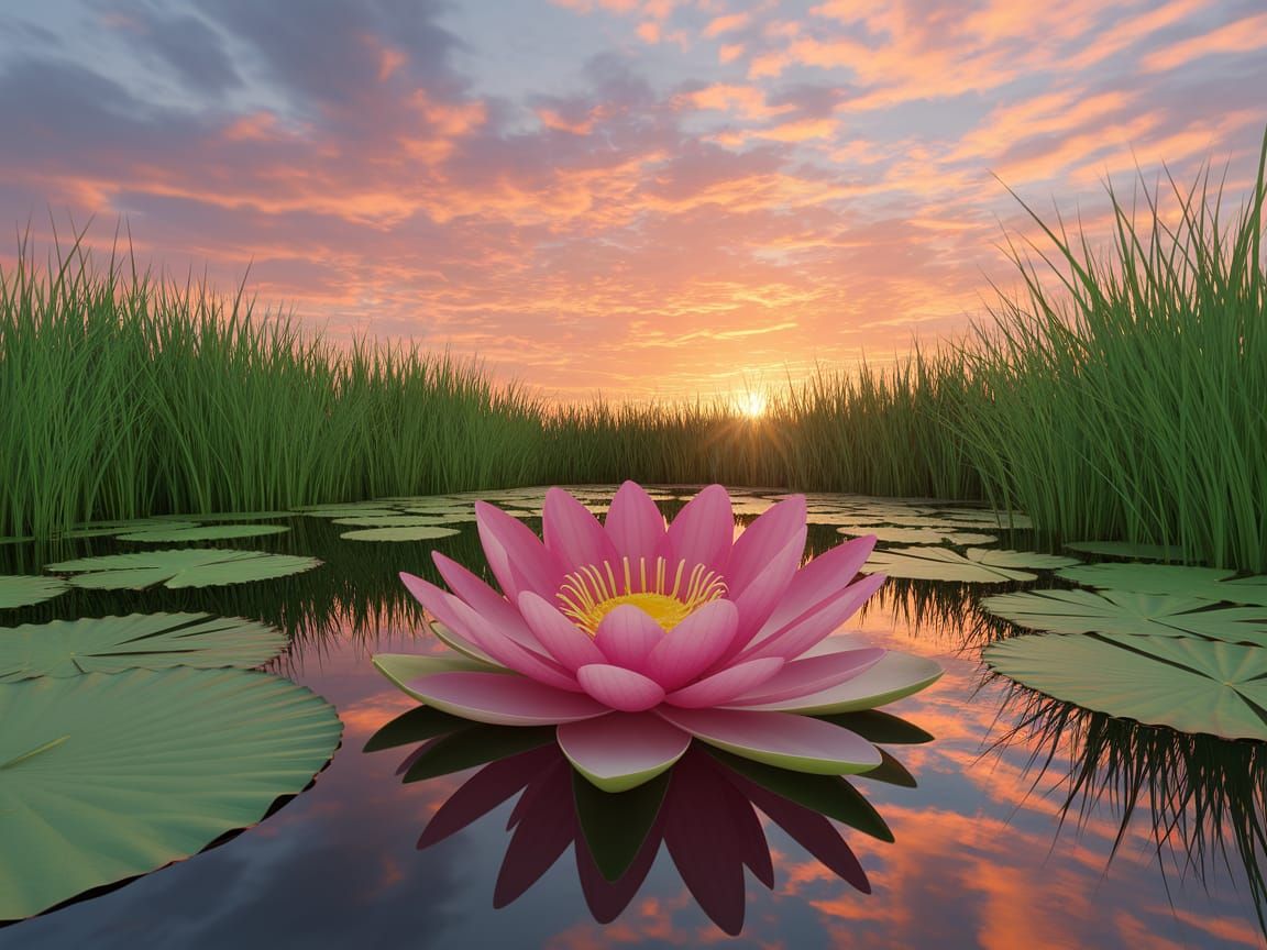 Vibrant Pink Lotus in Serene Sunset Setting