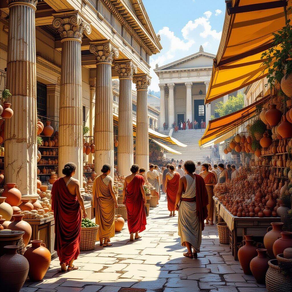 Ancient Athenian Marketplace in Hyperrealistic Style