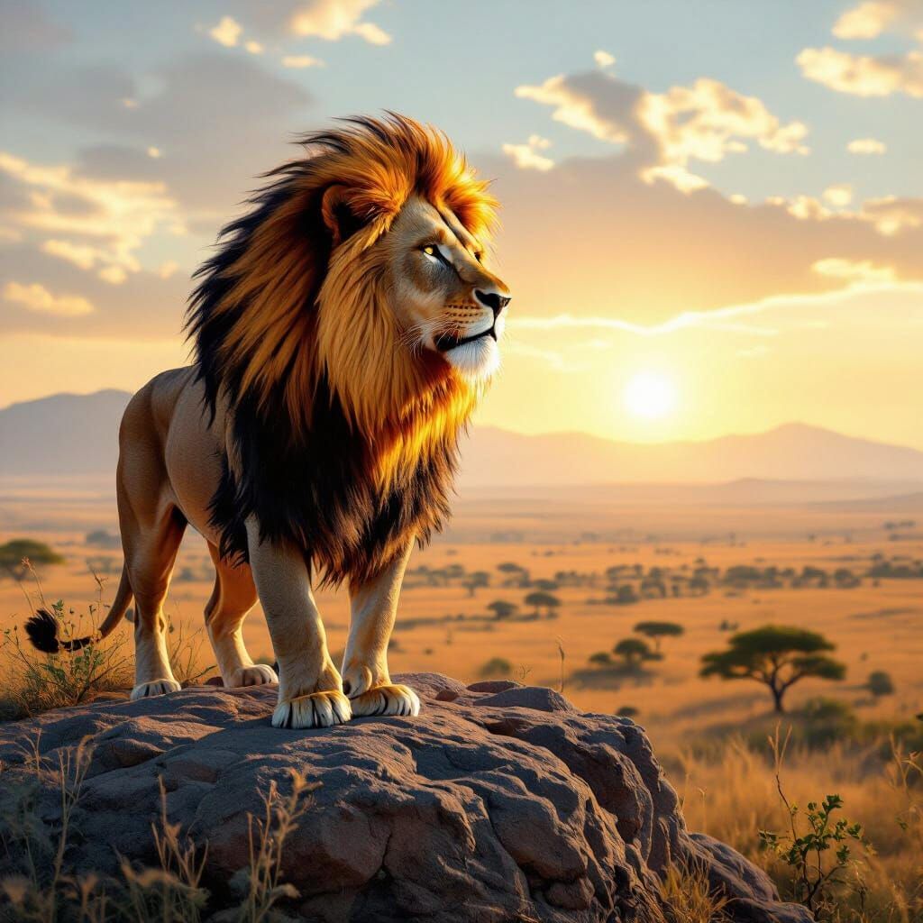Lion with Flaming Mane Overlooking Savanna