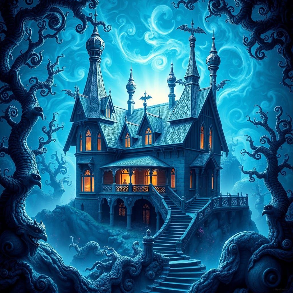 Dreamlike Turreted Mansion in Vibrant Fractal Landscape