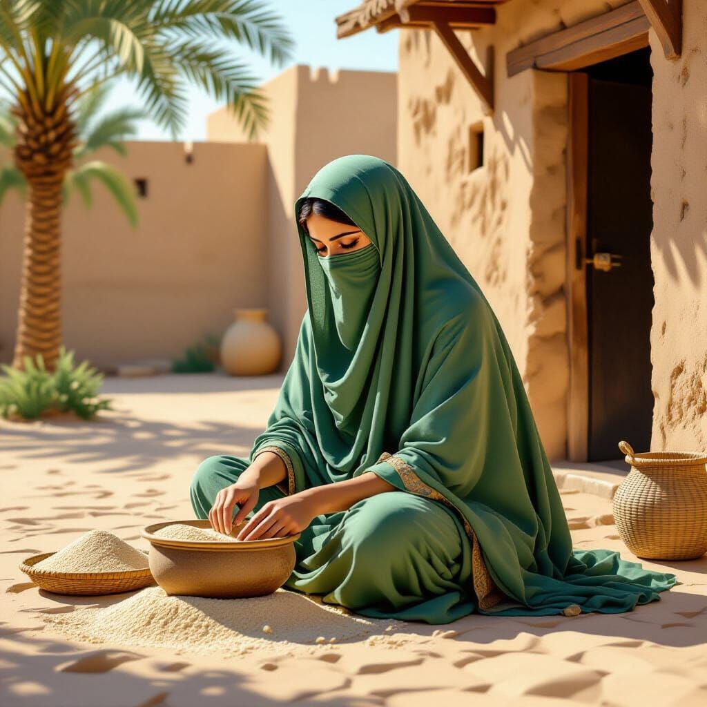 Hazrat Fatimah Grinding Wheat in Courtyard