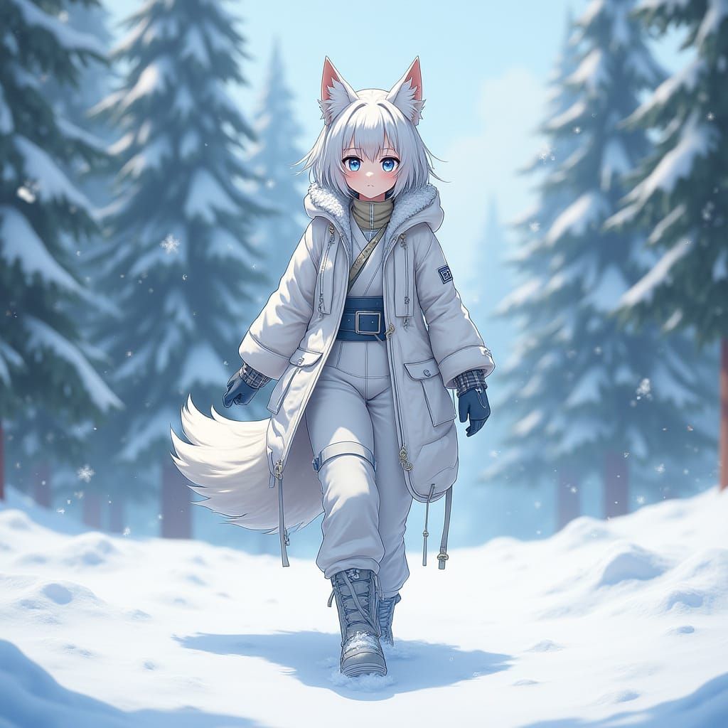 Snow Fox Demi-Human Woman in Japanese Winter Wonderland