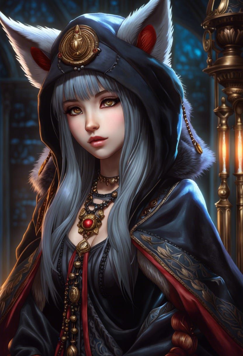 Anime Gothic Wolf Priestess in Digital Art Style