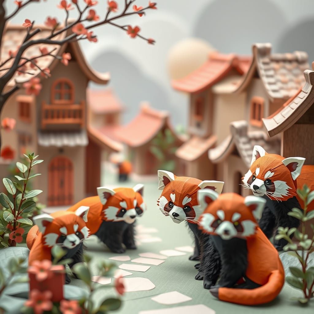 Red Pandas Explore Chinese Village in Origami Style
