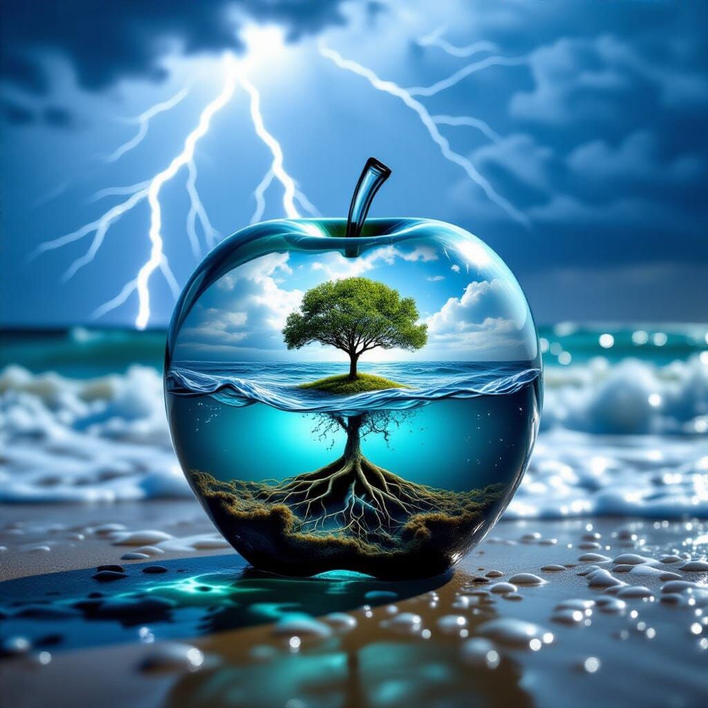 Glass Apple Reflects Stormy Shoreline