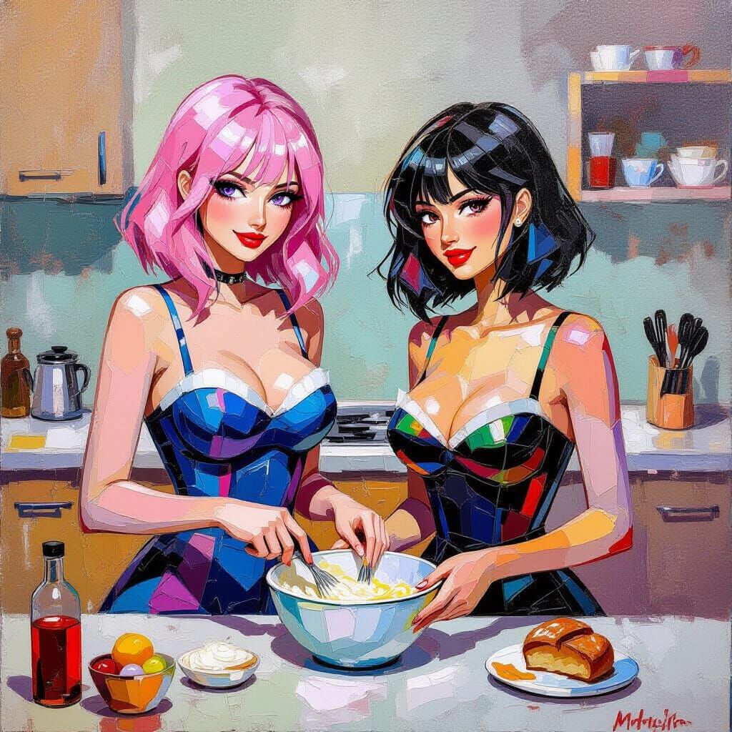 Baking Scene with Pink and Black Haired Women