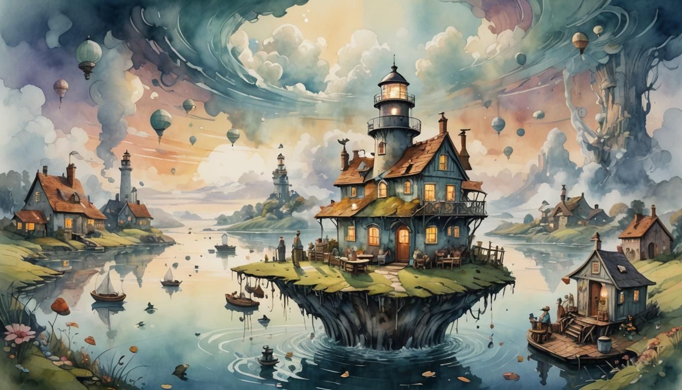 Fantastical Tea Party in Floating Teapot, Surreal Illustrati...